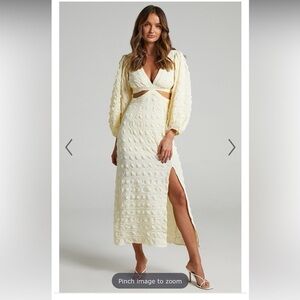 Showpo Tabitha Puff Sleeve Cut Out Midi Dress in Butter Yellow Size 4